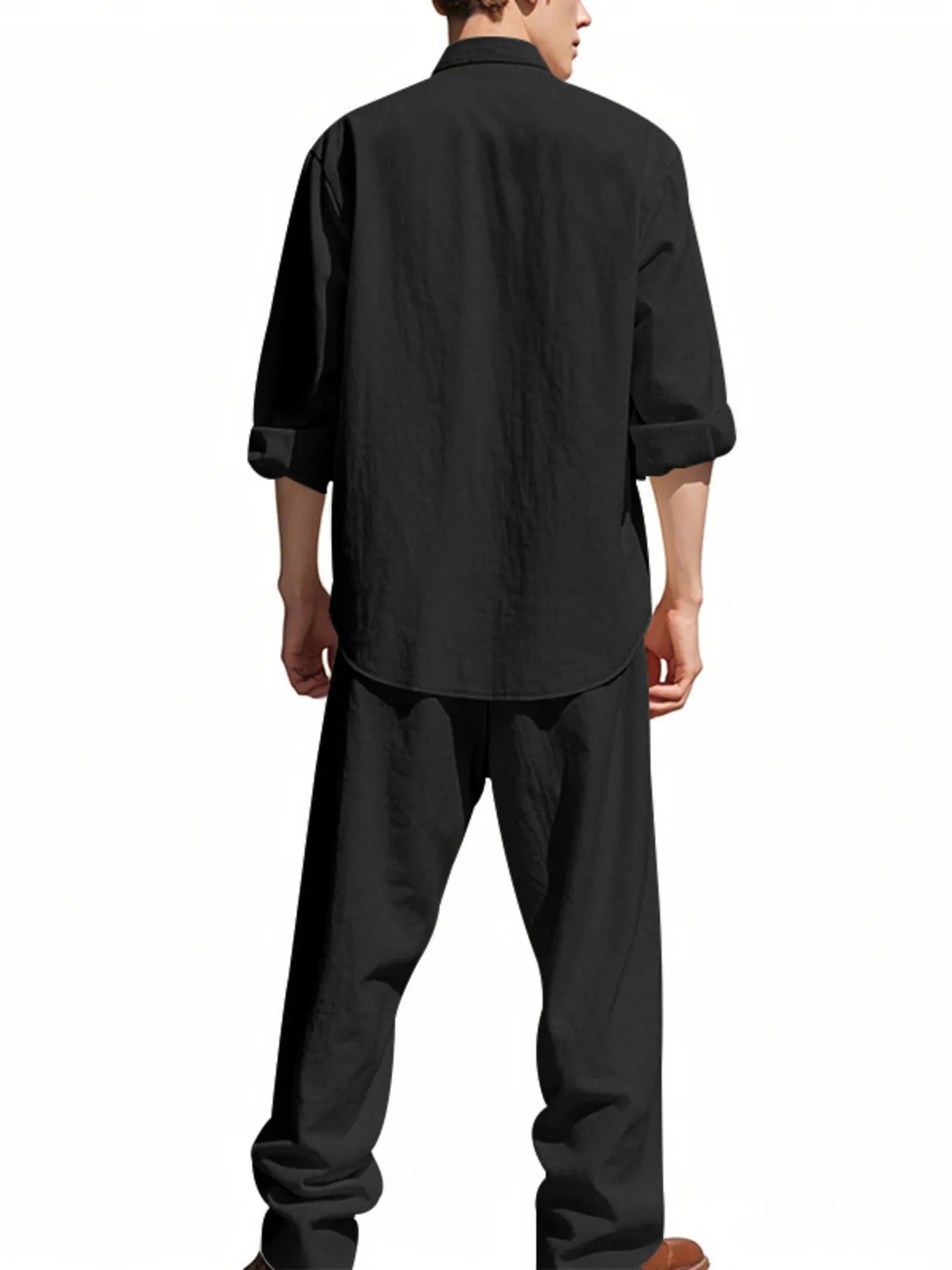 White button-up shirt and pants set with long sleeves, collar, and front buttons