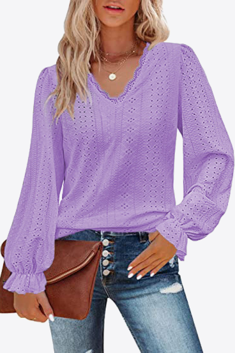 Lavender eyelet V-neck blouse with long flounce sleeves