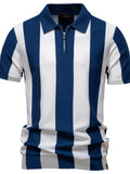 Striped zip-collar polo shirt with blue-and-white vertical stripes, ribbed collar and zipper