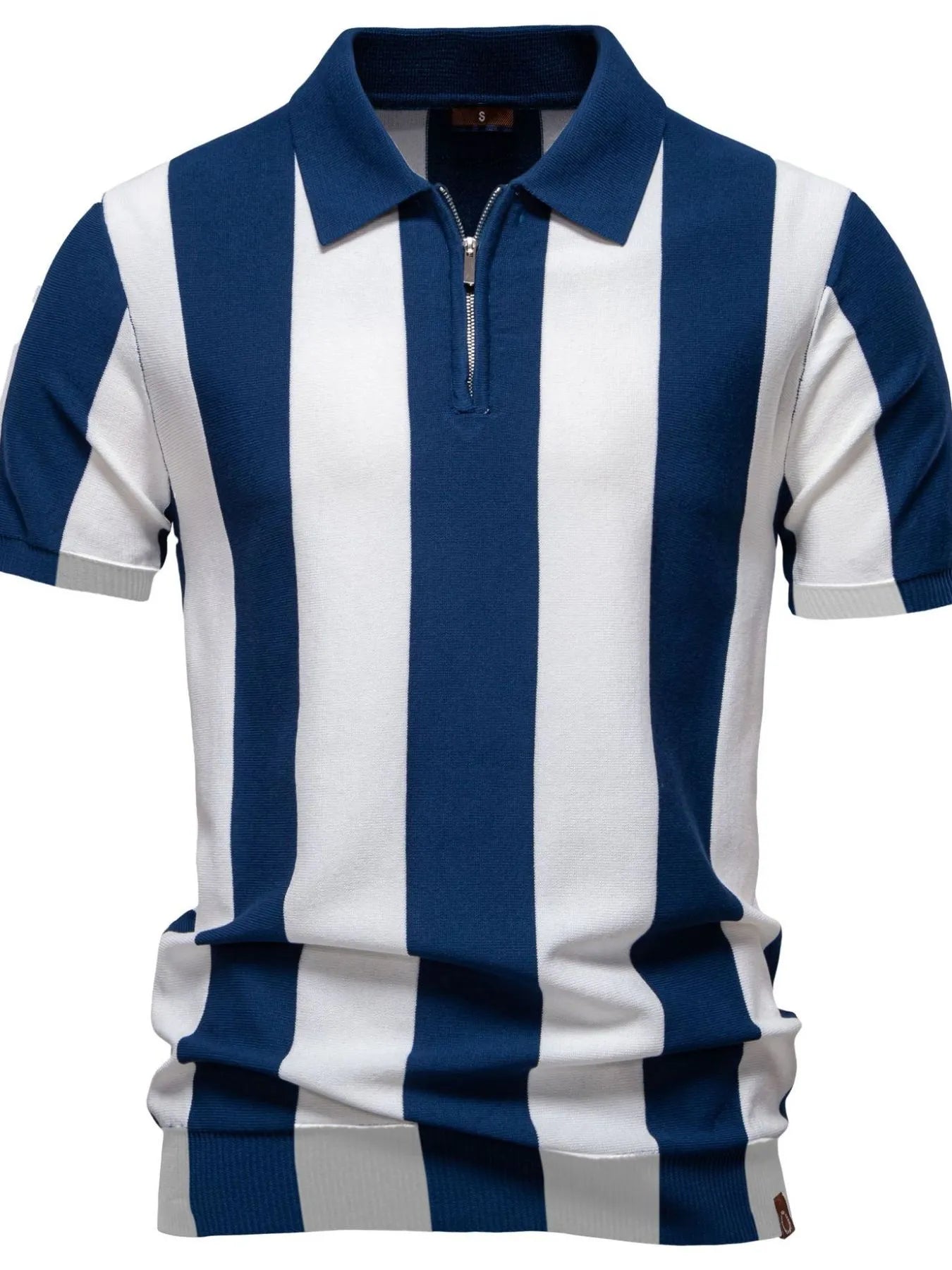 Striped zip-collar polo shirt with blue-and-white vertical stripes, ribbed collar and zipper