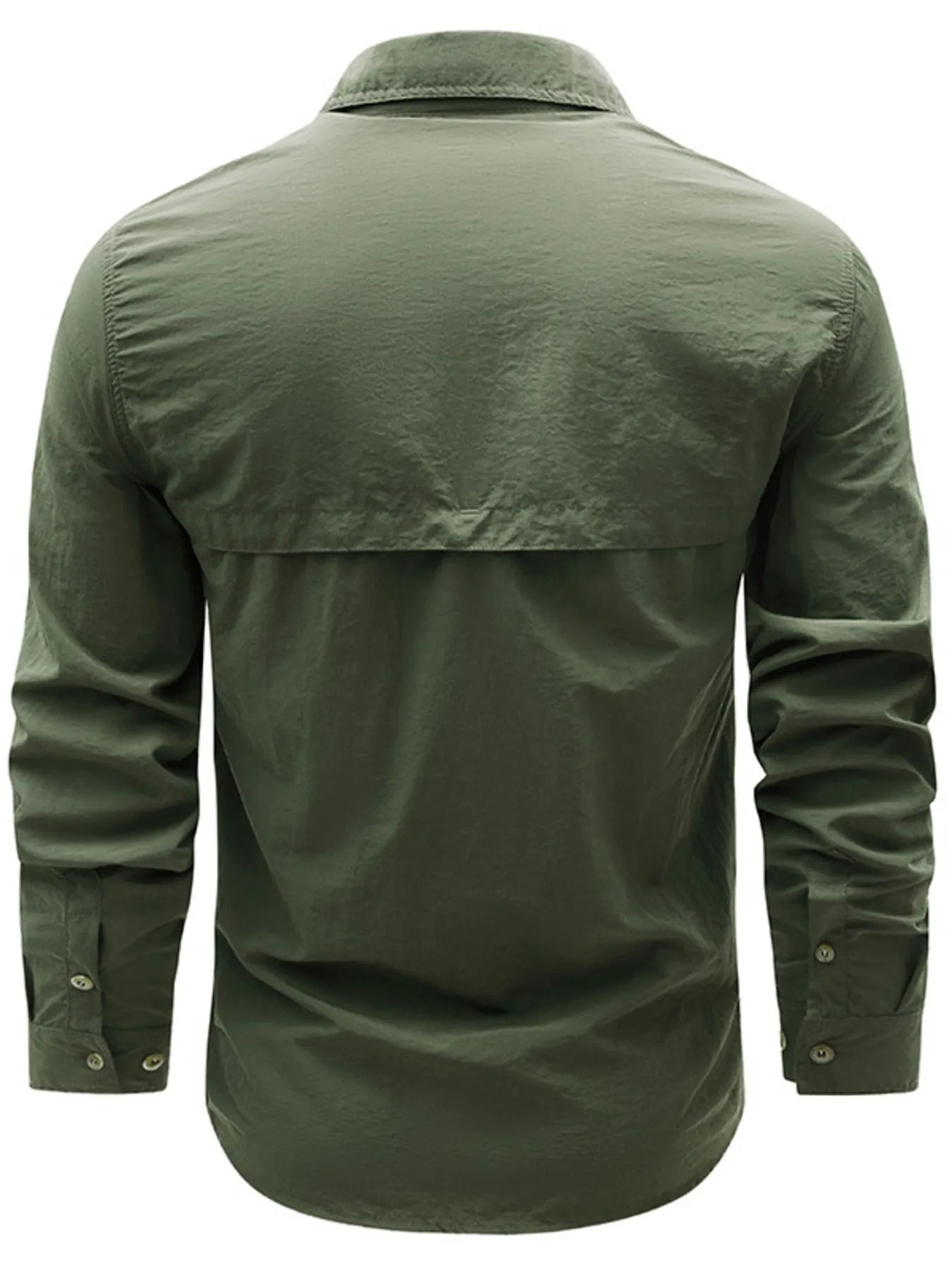 Men's plus size button-up long-sleeve shirt, military green, back view