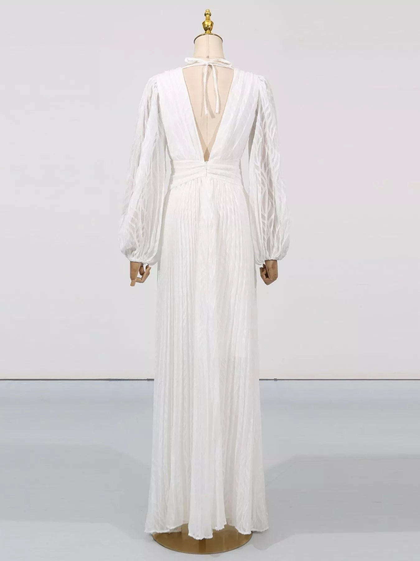 Cedar & Moore V-Neck Long Sleeve White Maxi Dress by Trendsi with back tie and zipper