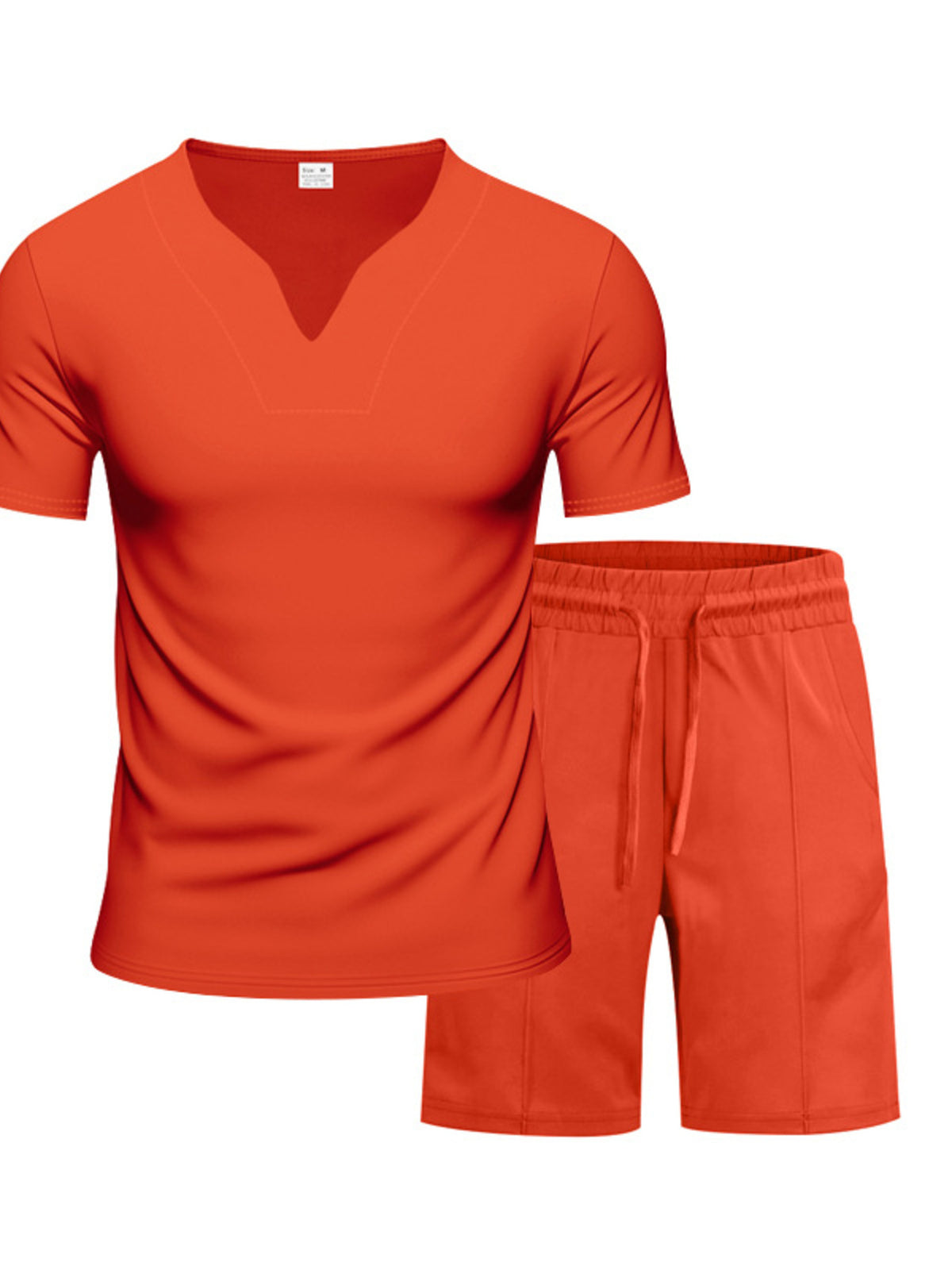 Men's orange V-neck stretch tee with matching shorts set, drawstring-like elastic waist.