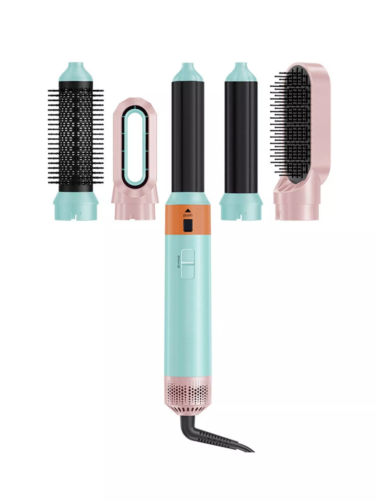 Interchangeable curling wand set in light teal with multiple barrel brush heads