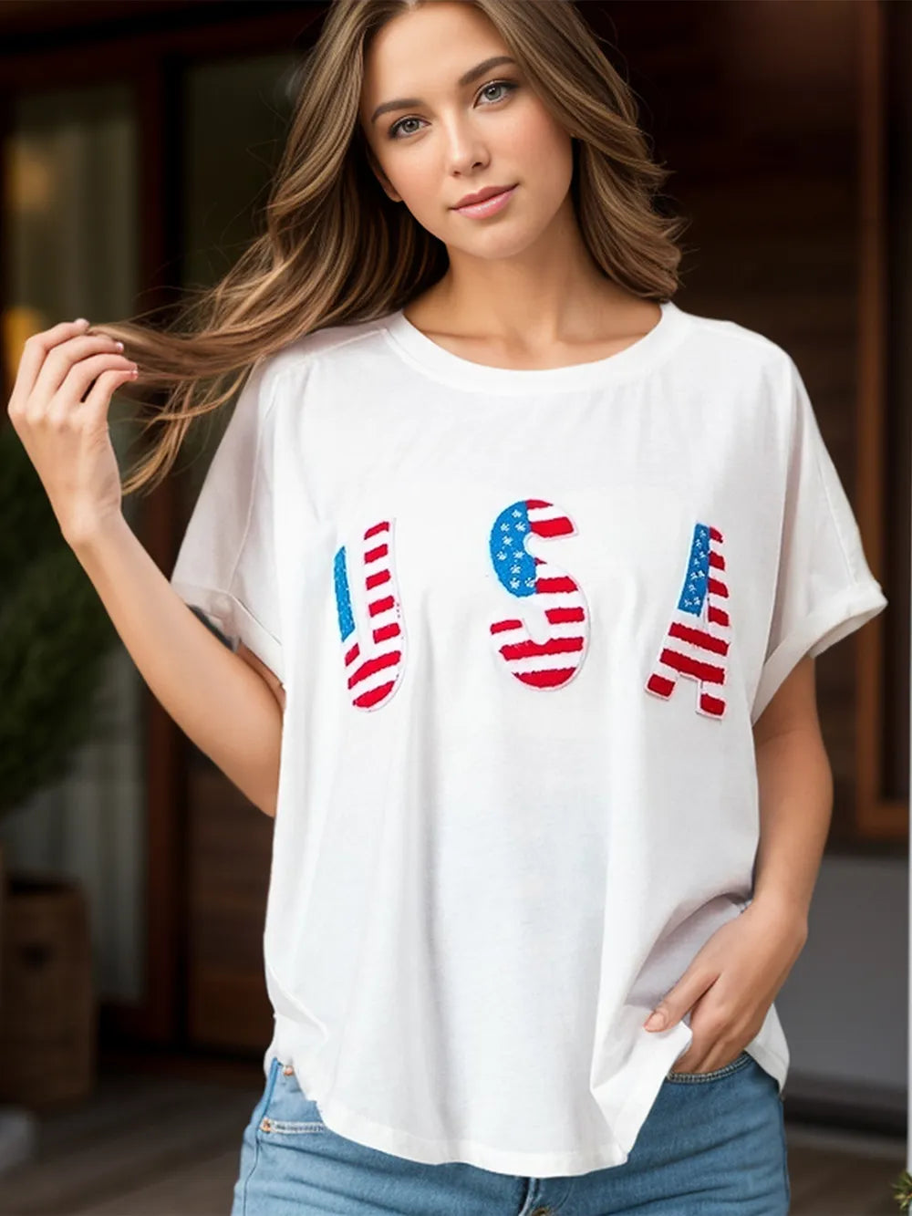 White round neck short sleeve T-shirt with USA flag graphic letters