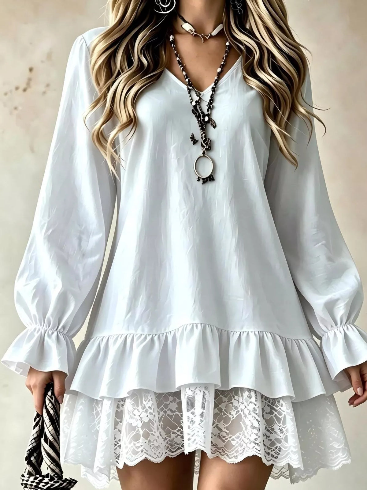 White V-neck long-sleeve mini dress with lace ruffle hem and puff sleeves