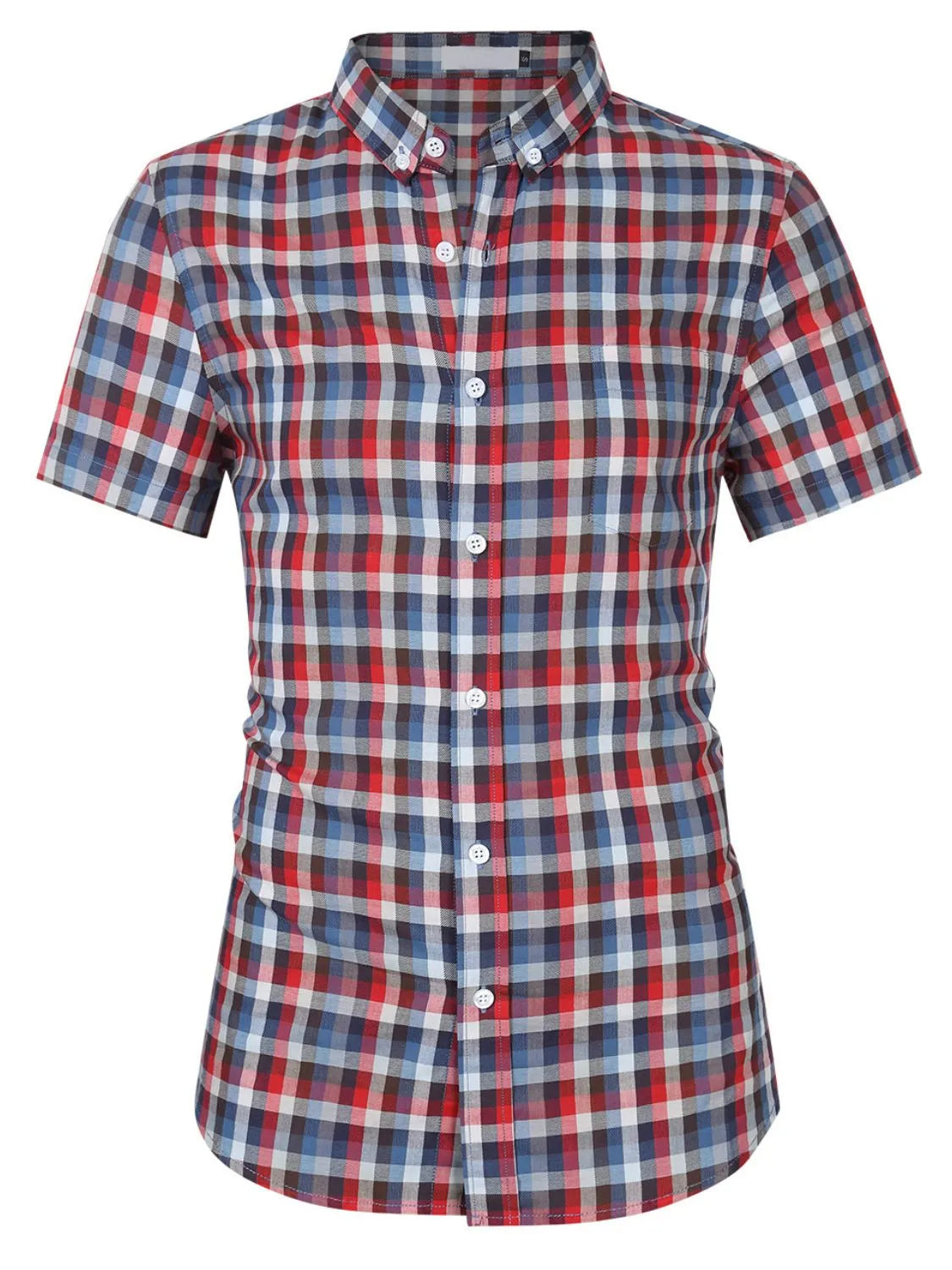 Red and dark plaid short-sleeve collared button-up shirt with front buttons