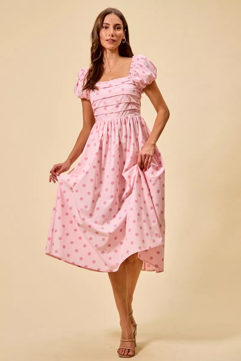 Cedar & Moore SO ME Polka Cotton Print Short Sleeves Midi Dress, pink polka dots, cotton fabric