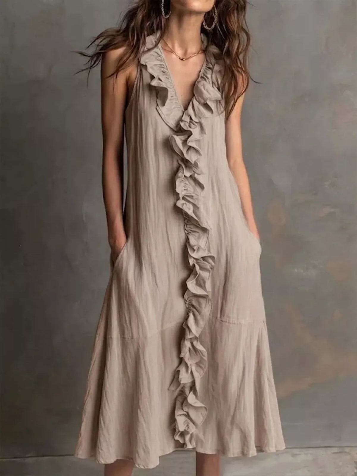 Khaki sleeveless V-neck ruffle midi dress with tiered front ruffle