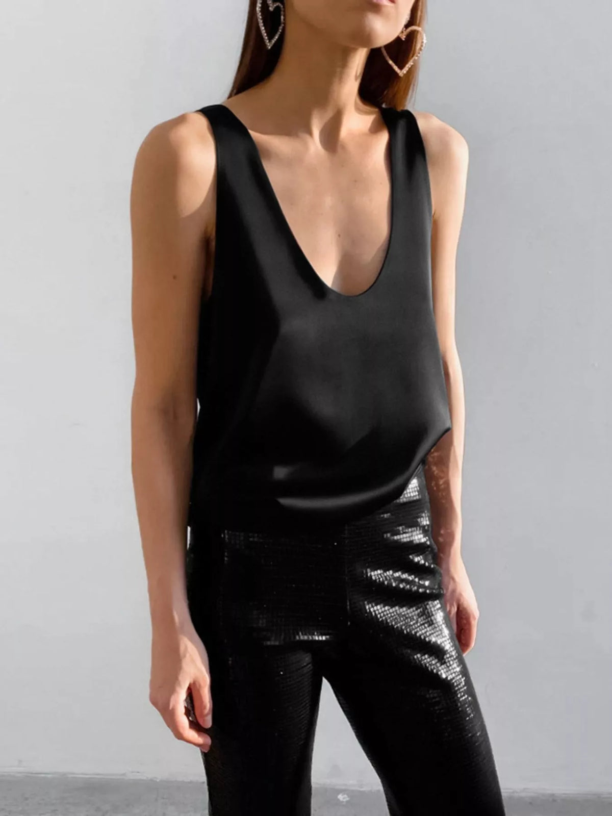 Black satin deep V-neck stretch tank top, sleeveless fitted women's top