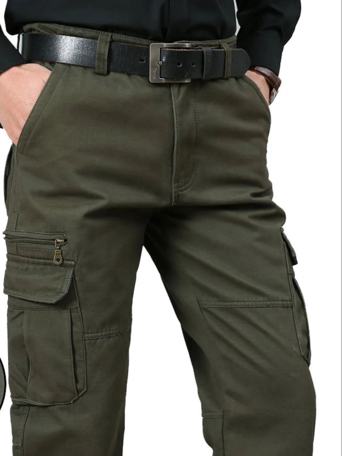 Men's solid cargo pants in army green with belt and side cargo pockets