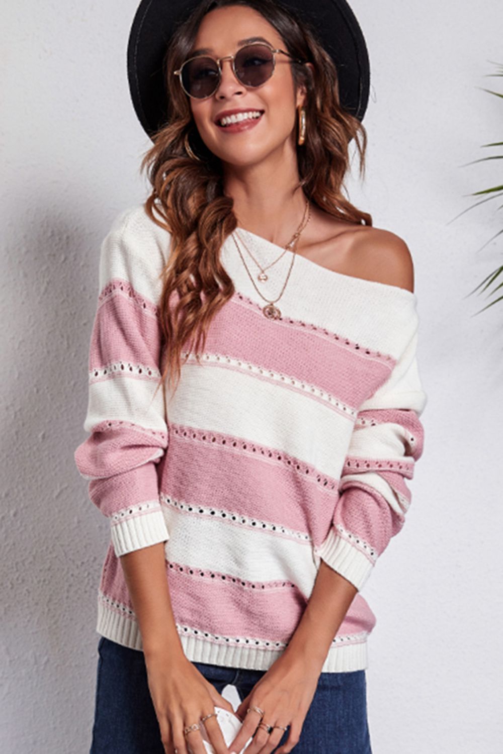 Blush pink and white striped boat neck dropped shoulder sweater, off-shoulder neckline
