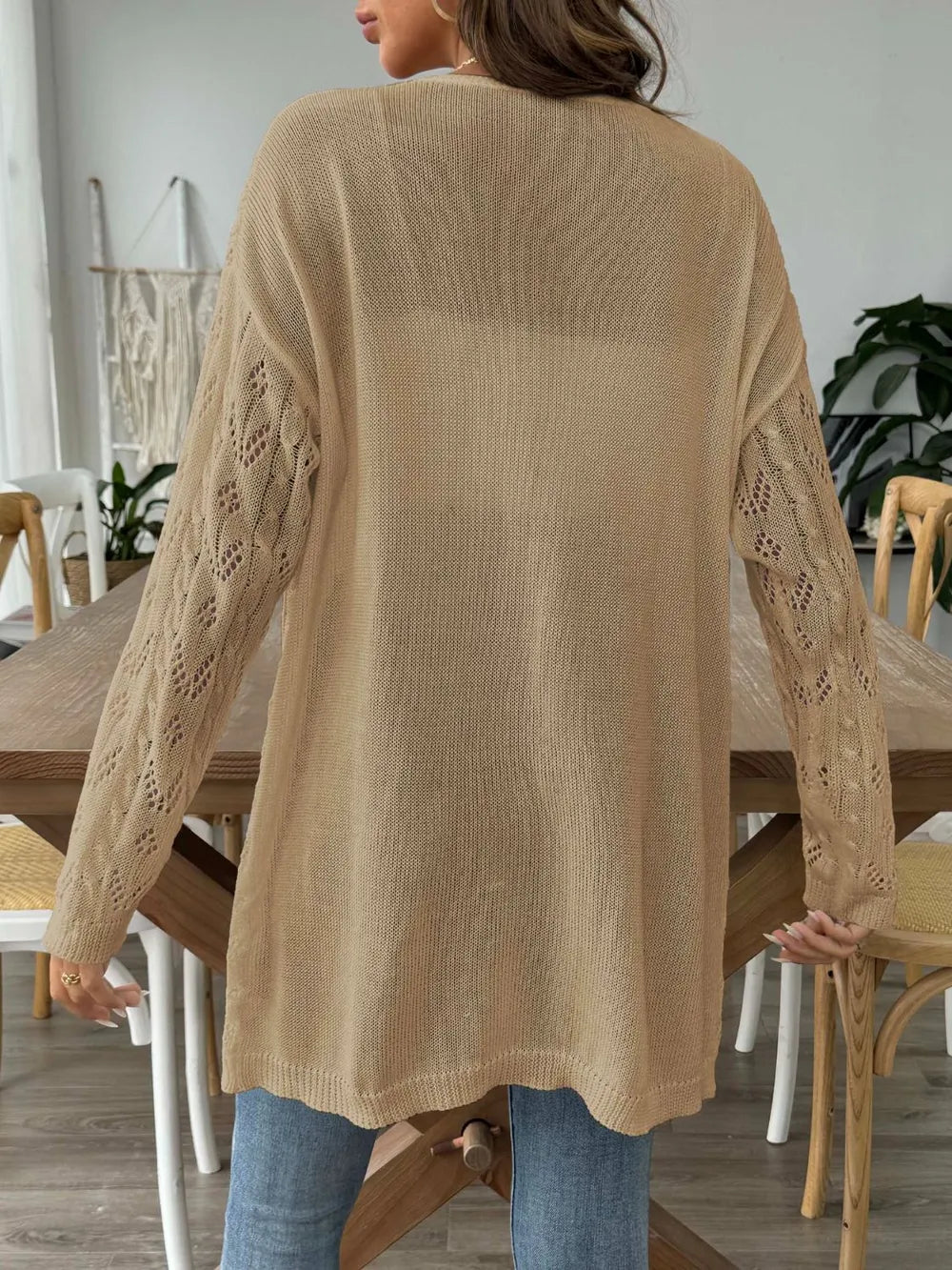 Khaki openwork long-sleeve cardigan, open front, textured knit back view.