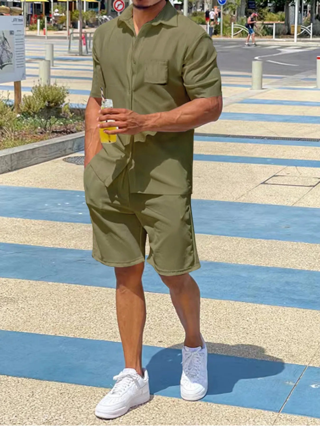 Military green button-up shirt and matching shorts set, short sleeves and chest pocket