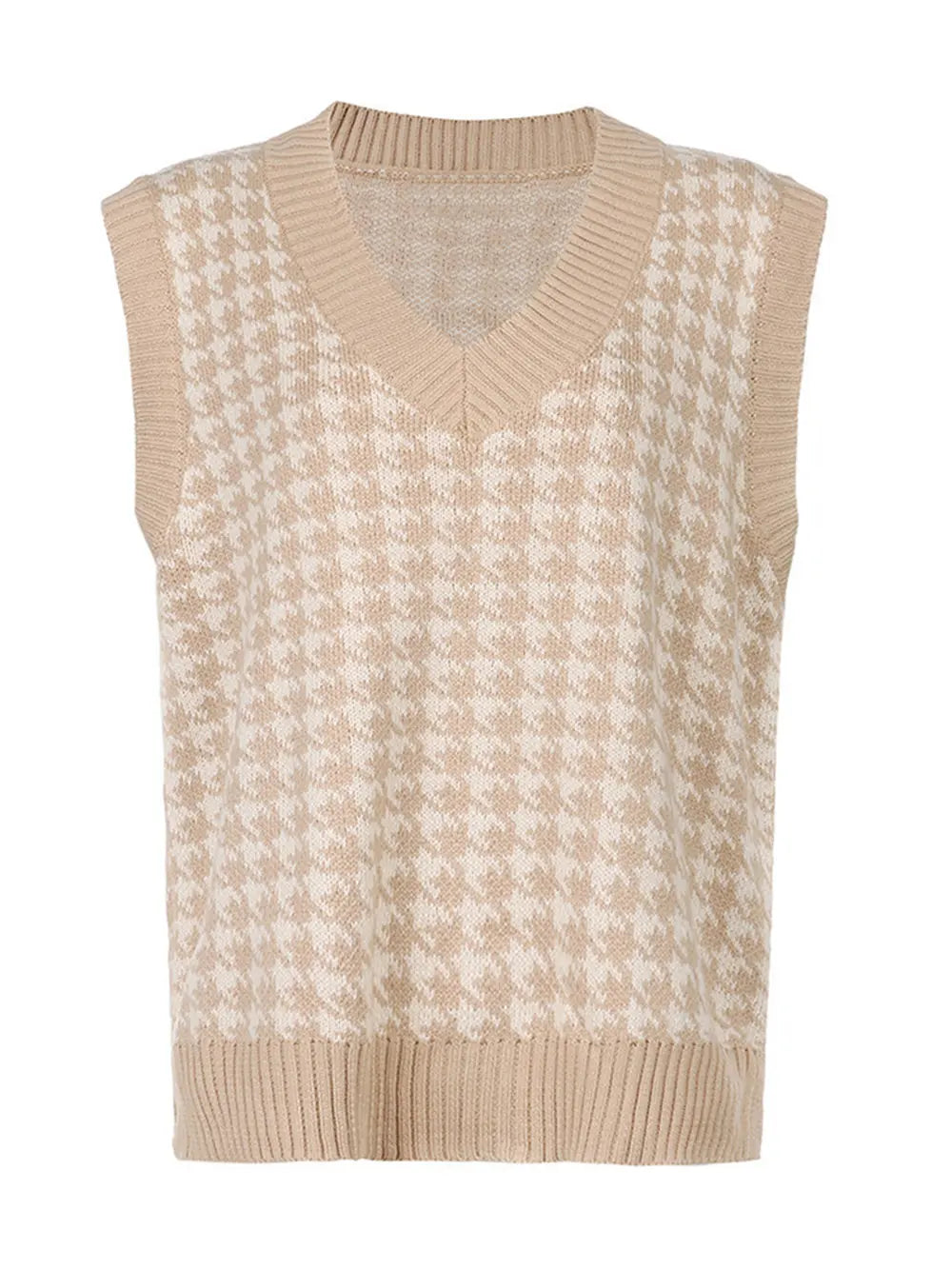 Beige houndstooth knit V-neck sweater vest, sleeveless with ribbed trim at hem