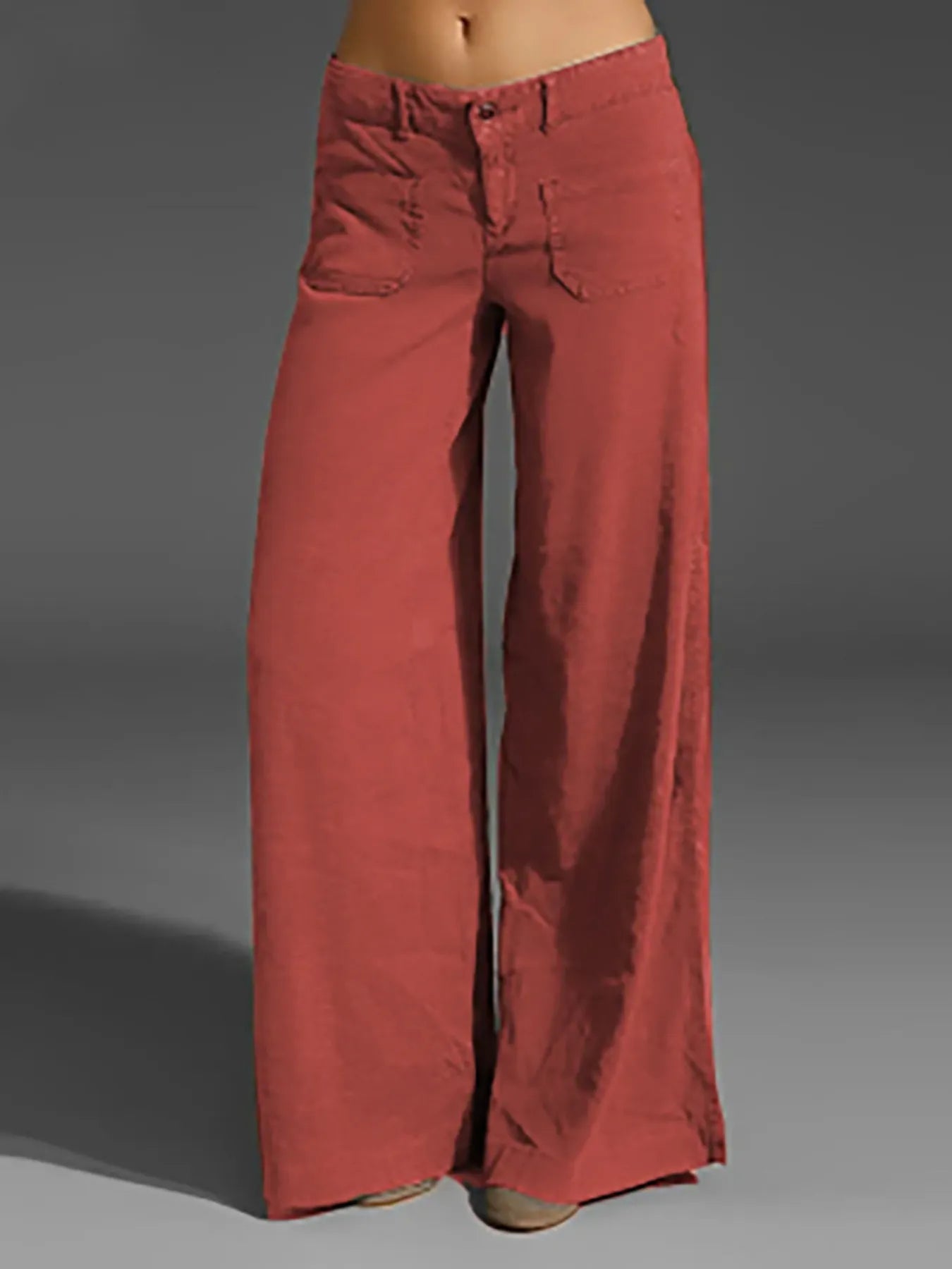 Red wide-leg pants with pockets, button-front and relaxed fit