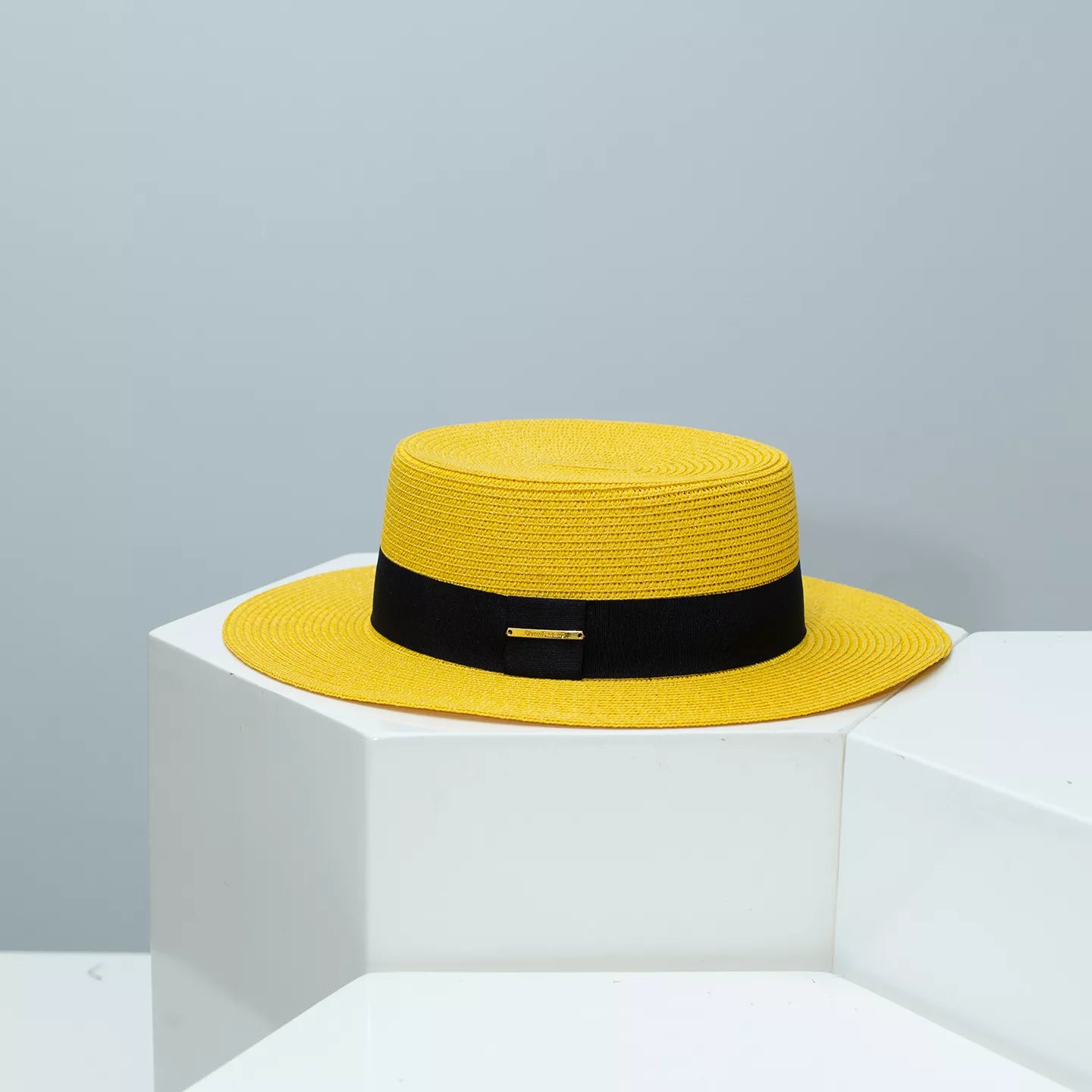 Cedar & Moore Straw Boater Hat with Band, yellow straw, black ribbon, Trendsi