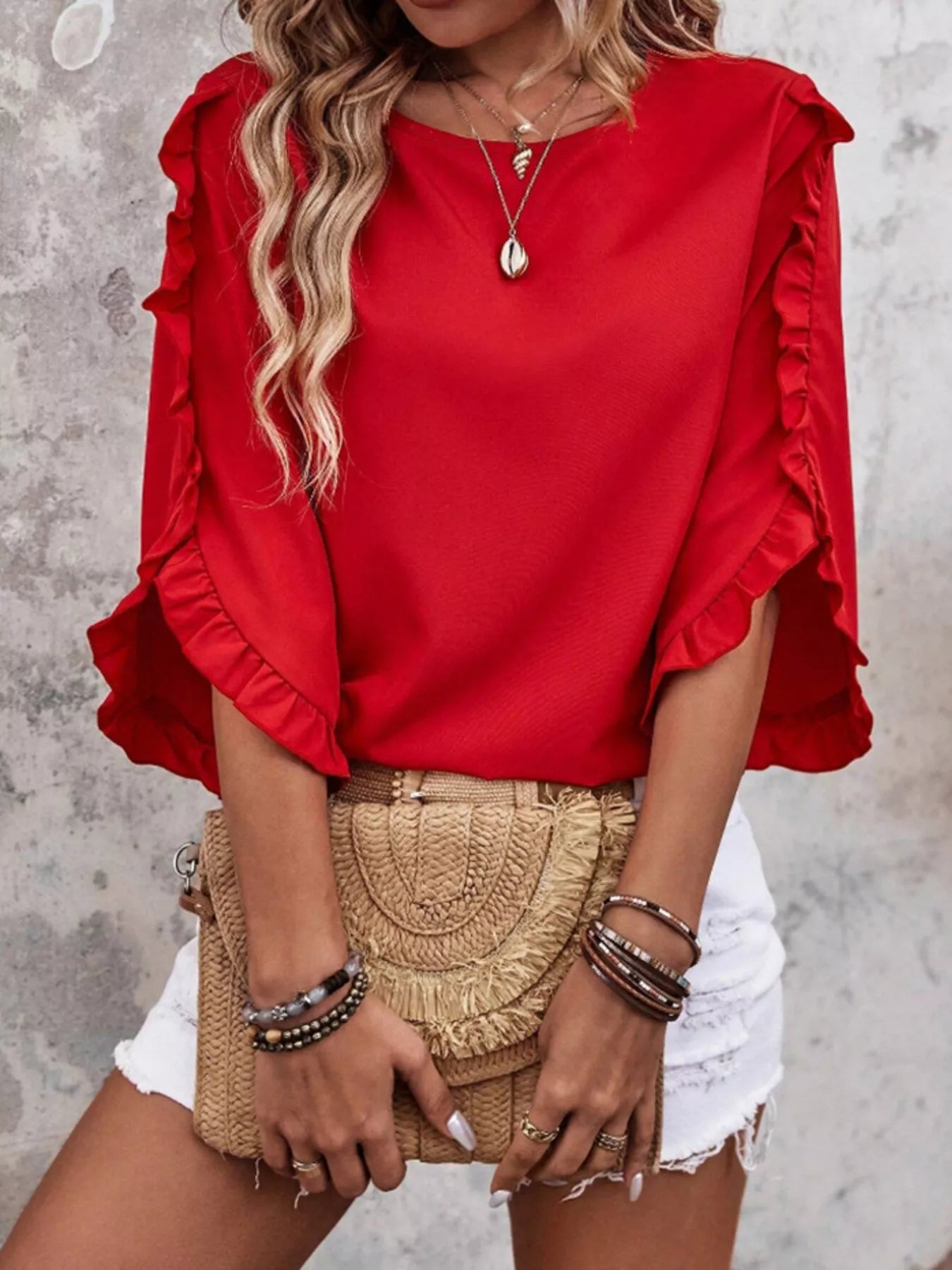 Ruffle Sleeve Solid Color Blouse in red by Trendsi, women's top