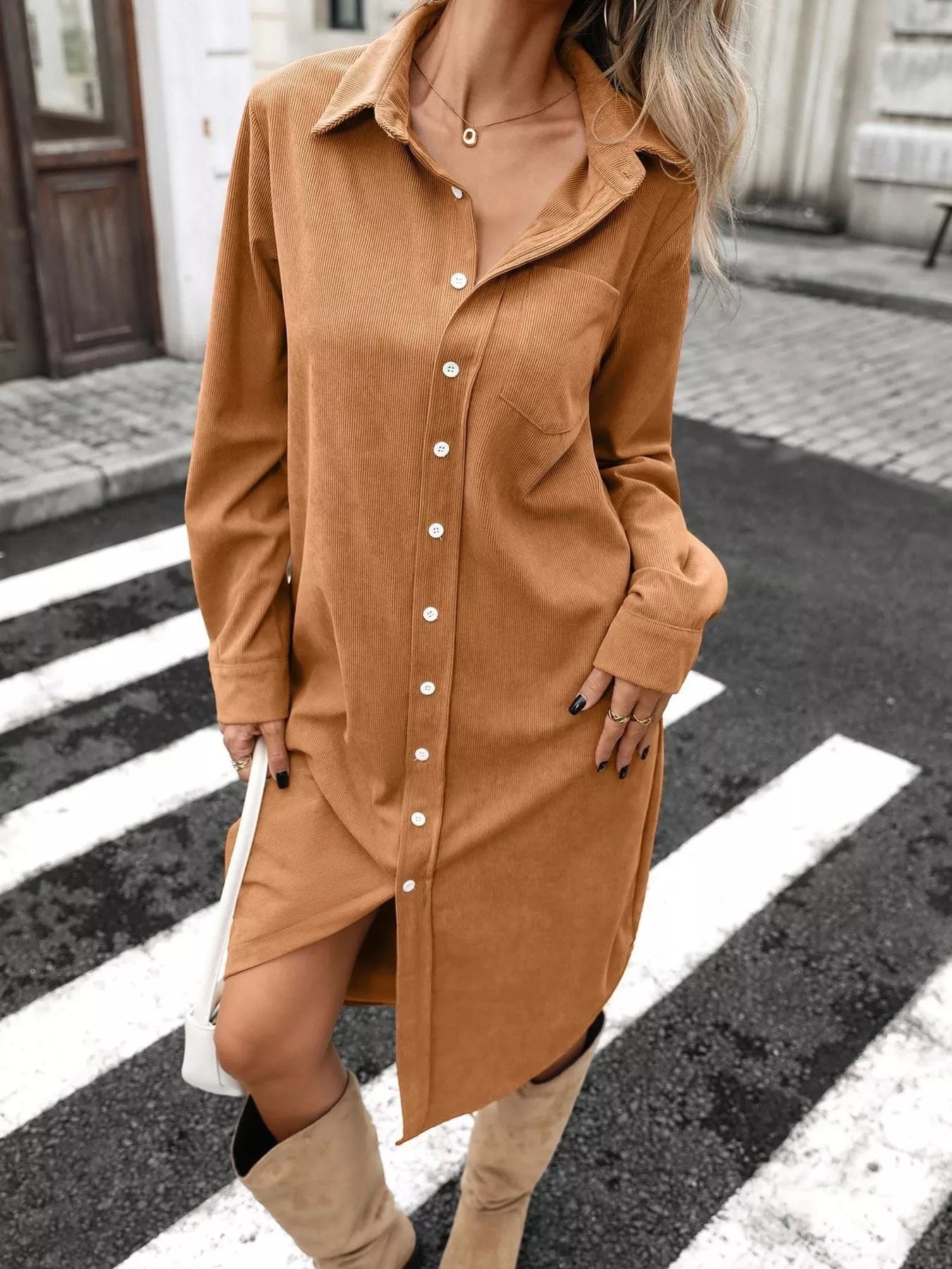 Brown corduroy shirt dress with button front, pointed collar, and chest pocket