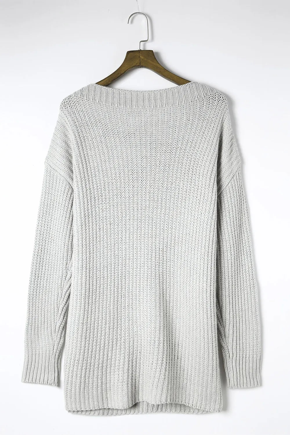 Light gray long-sleeve knit sweater on hanger, round boat neck, textured pattern