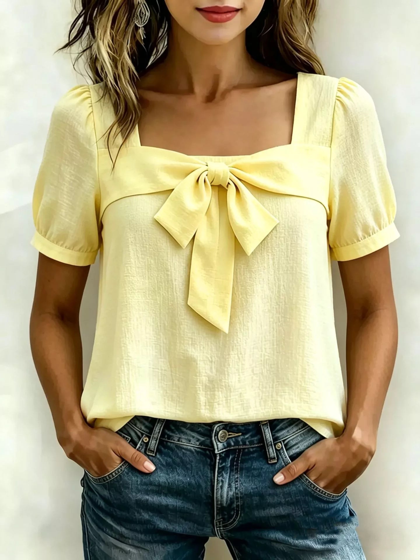 Yellow square-neck blouse with puff sleeves and bow-tie at the chest