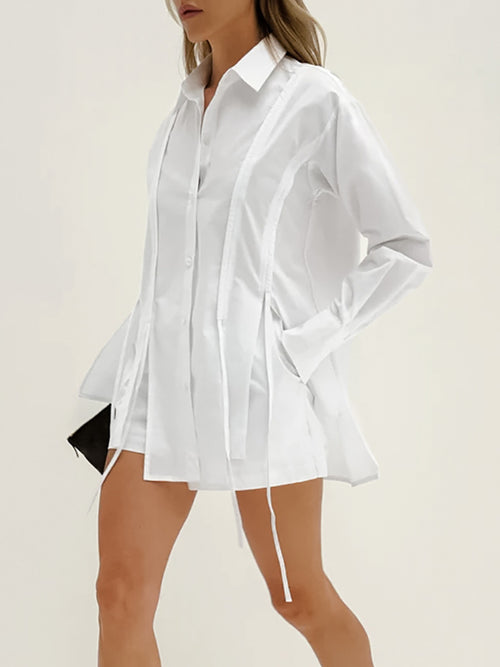 White button-up shirt and shorts set, long sleeves, open shirt style with ties