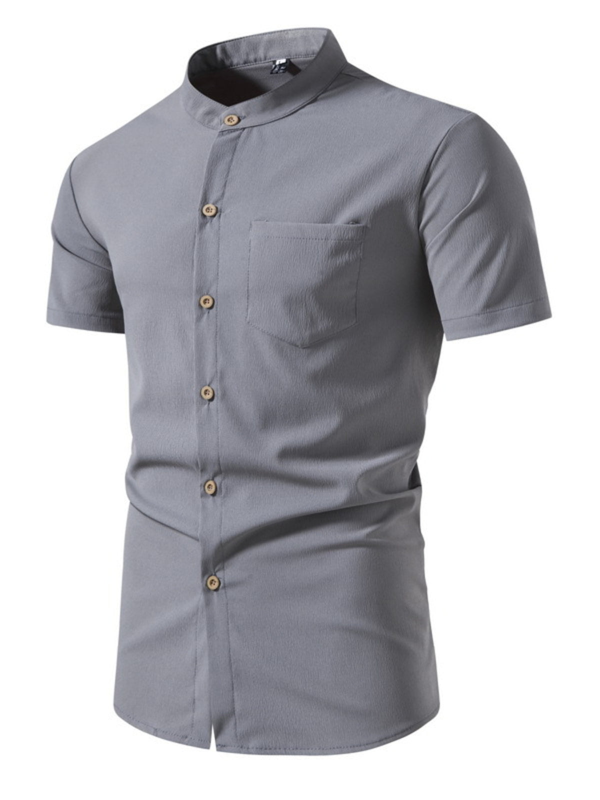 Men's grey short-sleeve button-up shirt with chest pocket and tan buttons