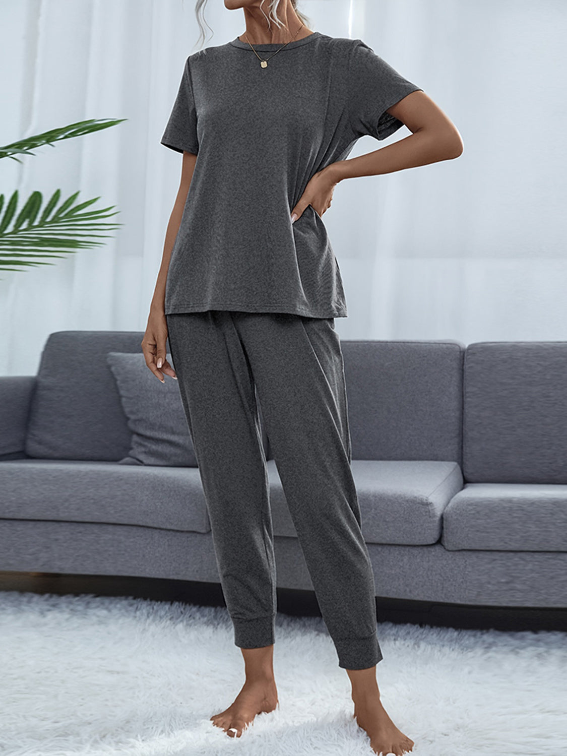 Charcoal round-neck short-sleeve top and jogger pants set, back view, drawstring waist