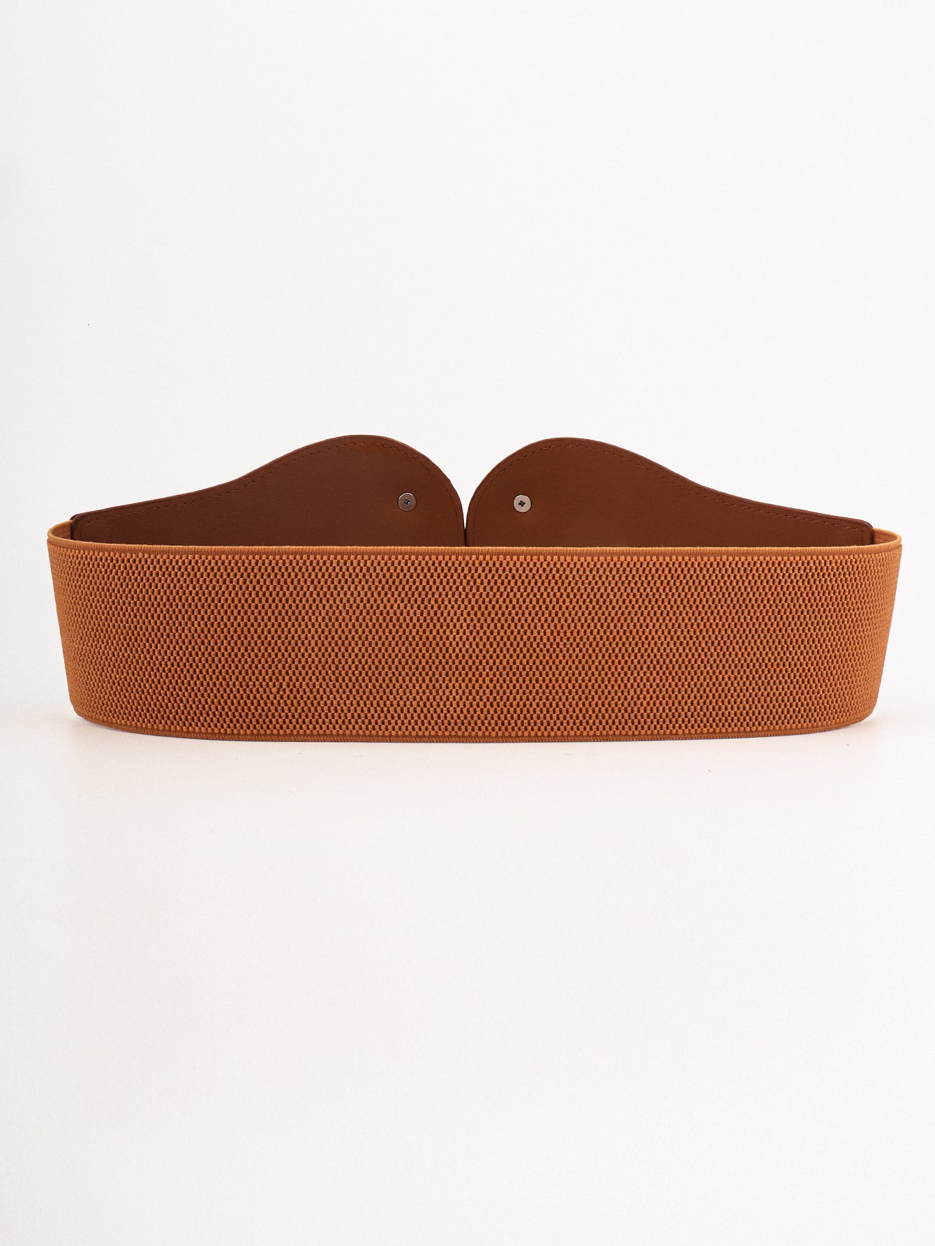 Vegan elastic belt, caramel brown wide band with two leather loops at ends