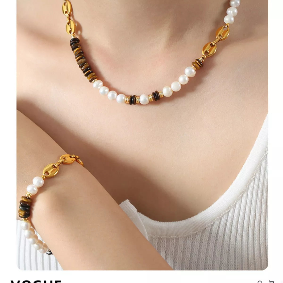 Freshwater pearl and tiger eye bead necklace in gold with dark accent beads