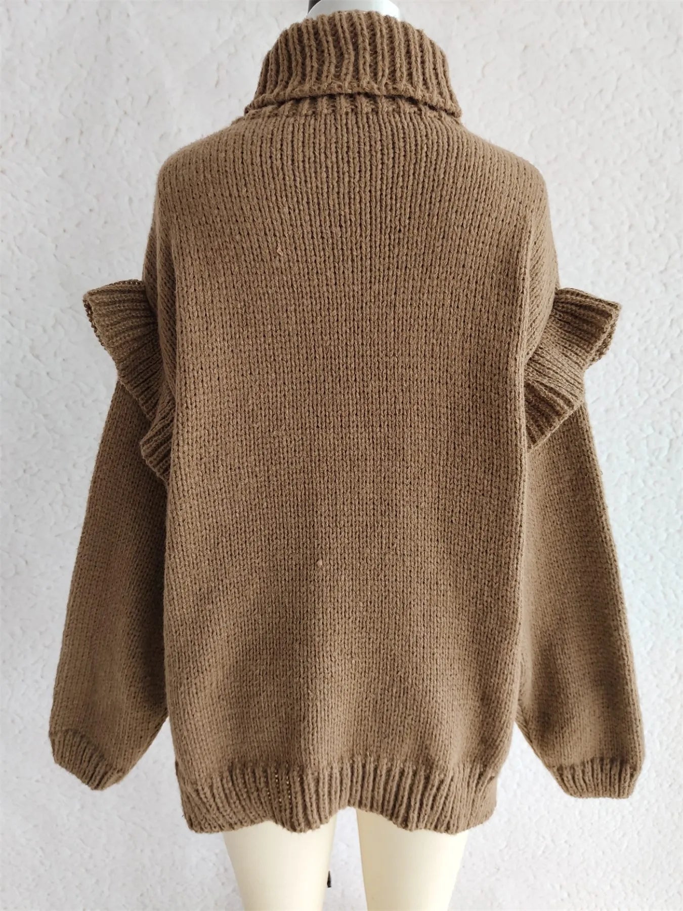 Brown ruffled turtleneck long-sleeve sweater with thick rib knit cuffs