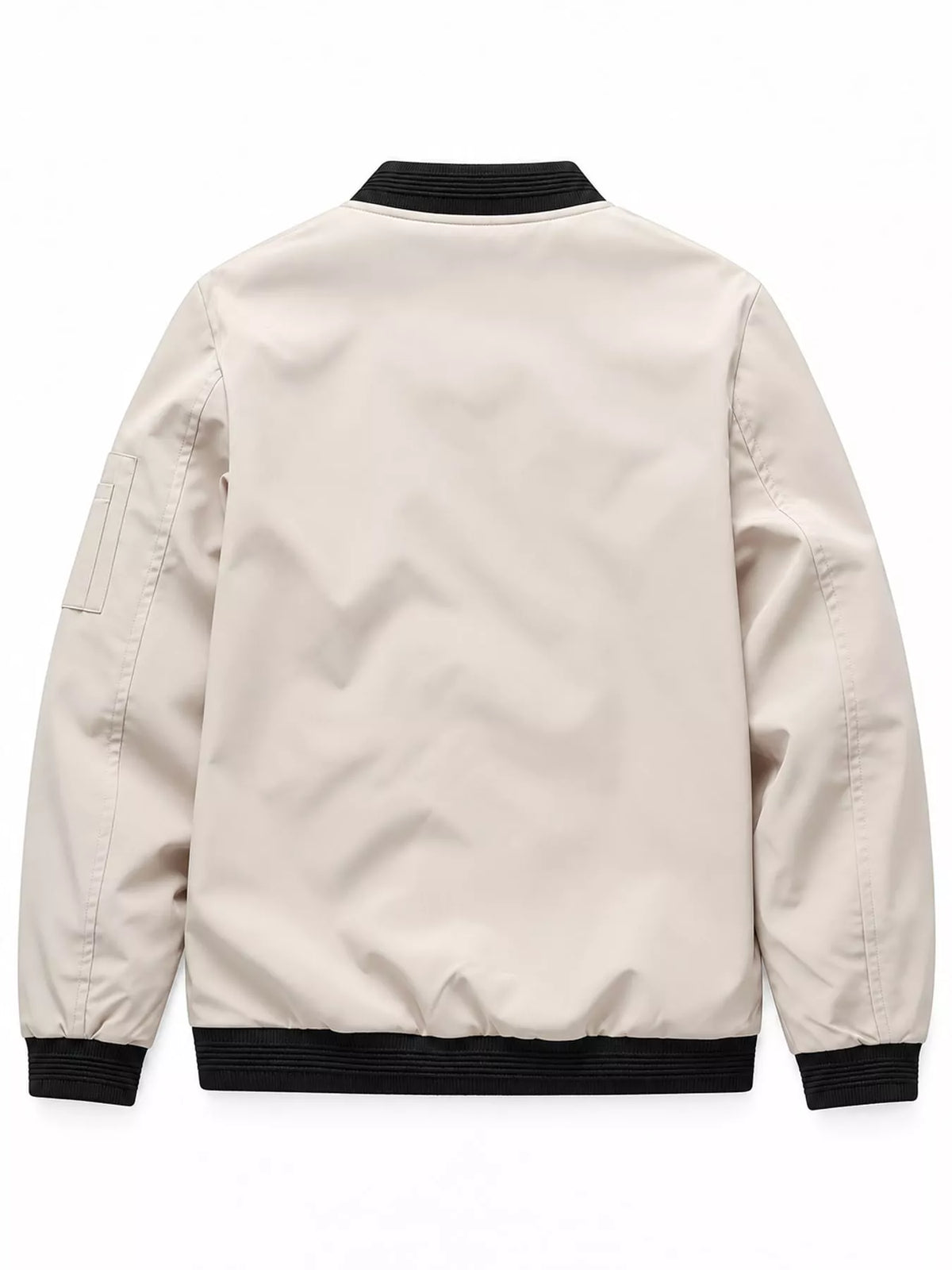 Off-white lightweight bomber jacket, back view with ribbed hem and cuffs