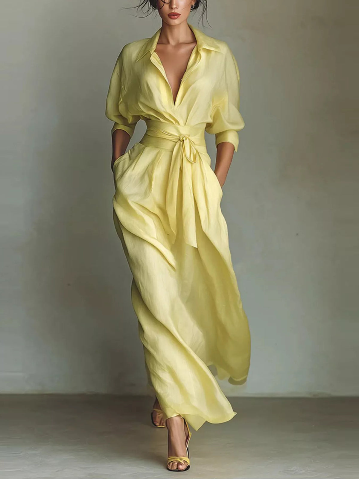 Yellow maxi shirt dress with tie waist sash, open collar and puff sleeves