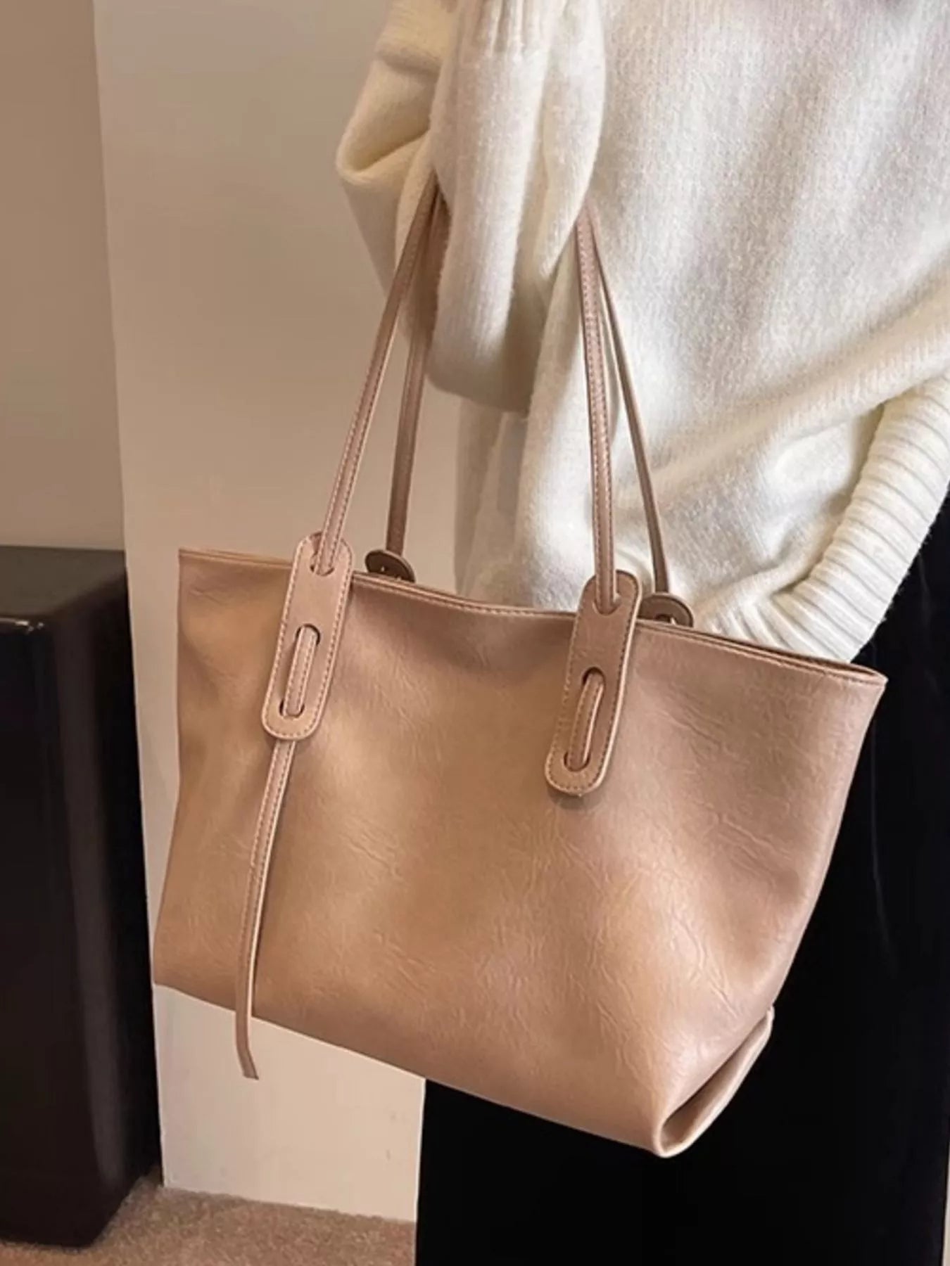 PU Leather Shoulder Bag by Trendsi, large size in light pink beige