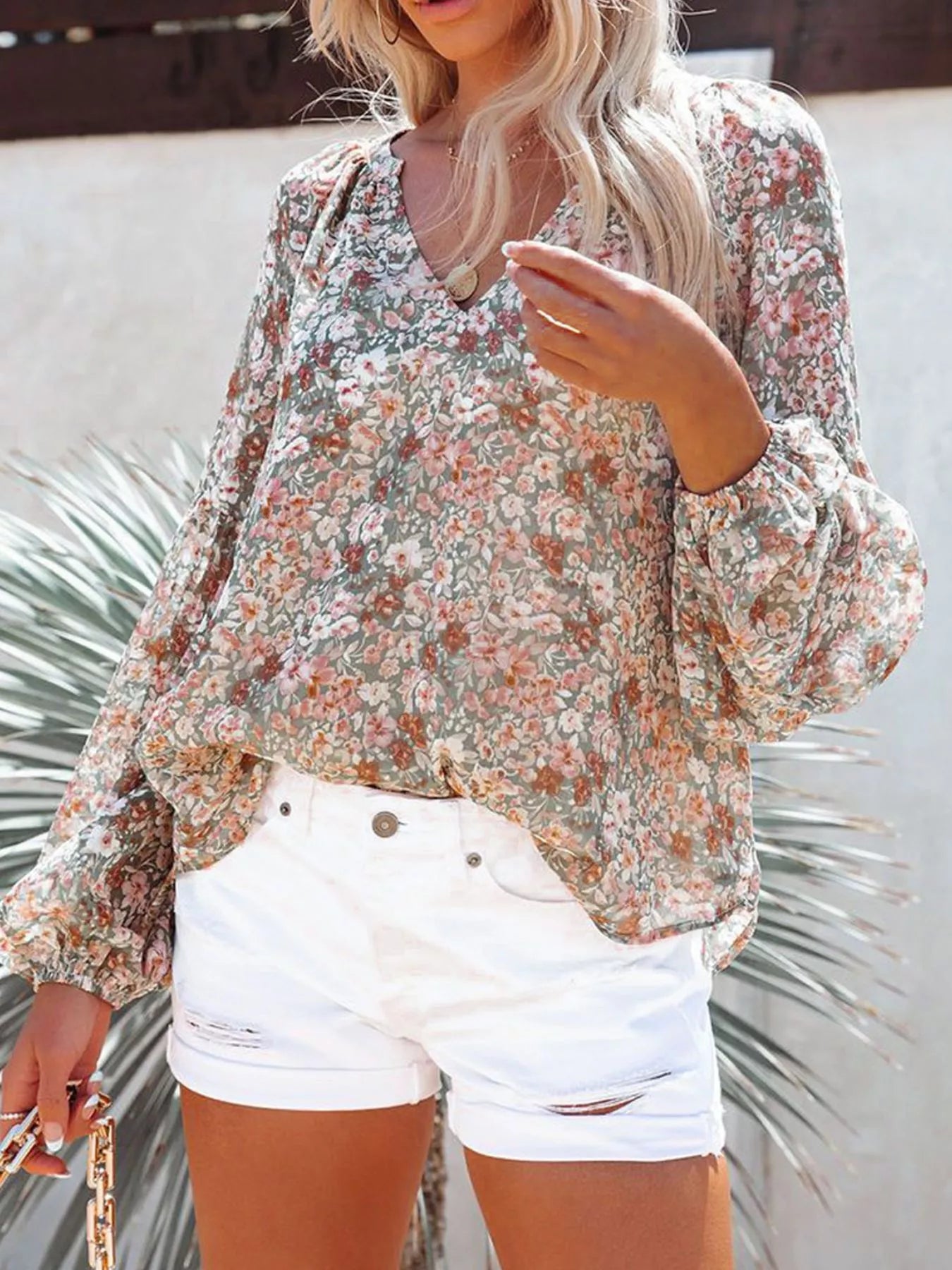 Cedar & Moore floral print V-neck long sleeve blouse, plus size, green with pink flowers