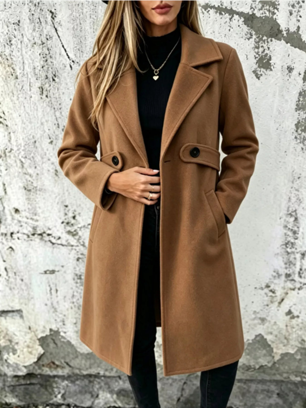 Camel brown longline button-lapel coat with flap pockets and front buttons