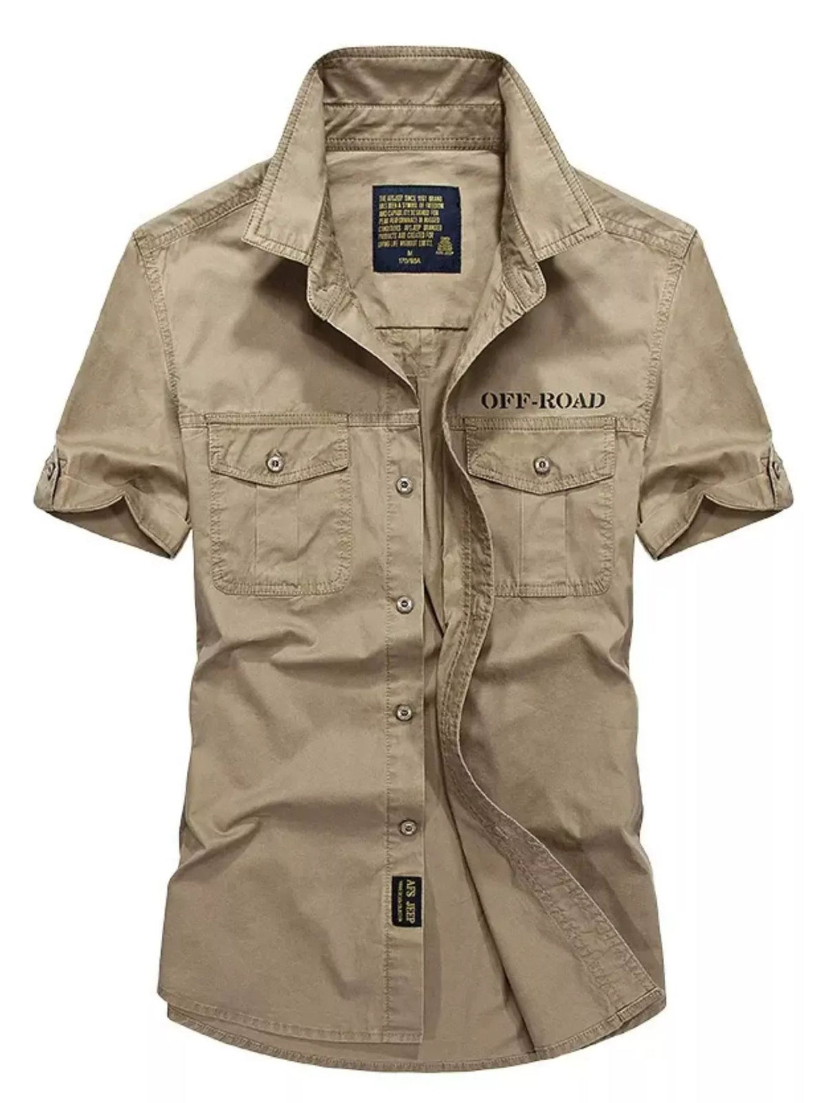 Men's casual short-sleeve button-front cotton shirt, khaki, two chest pockets