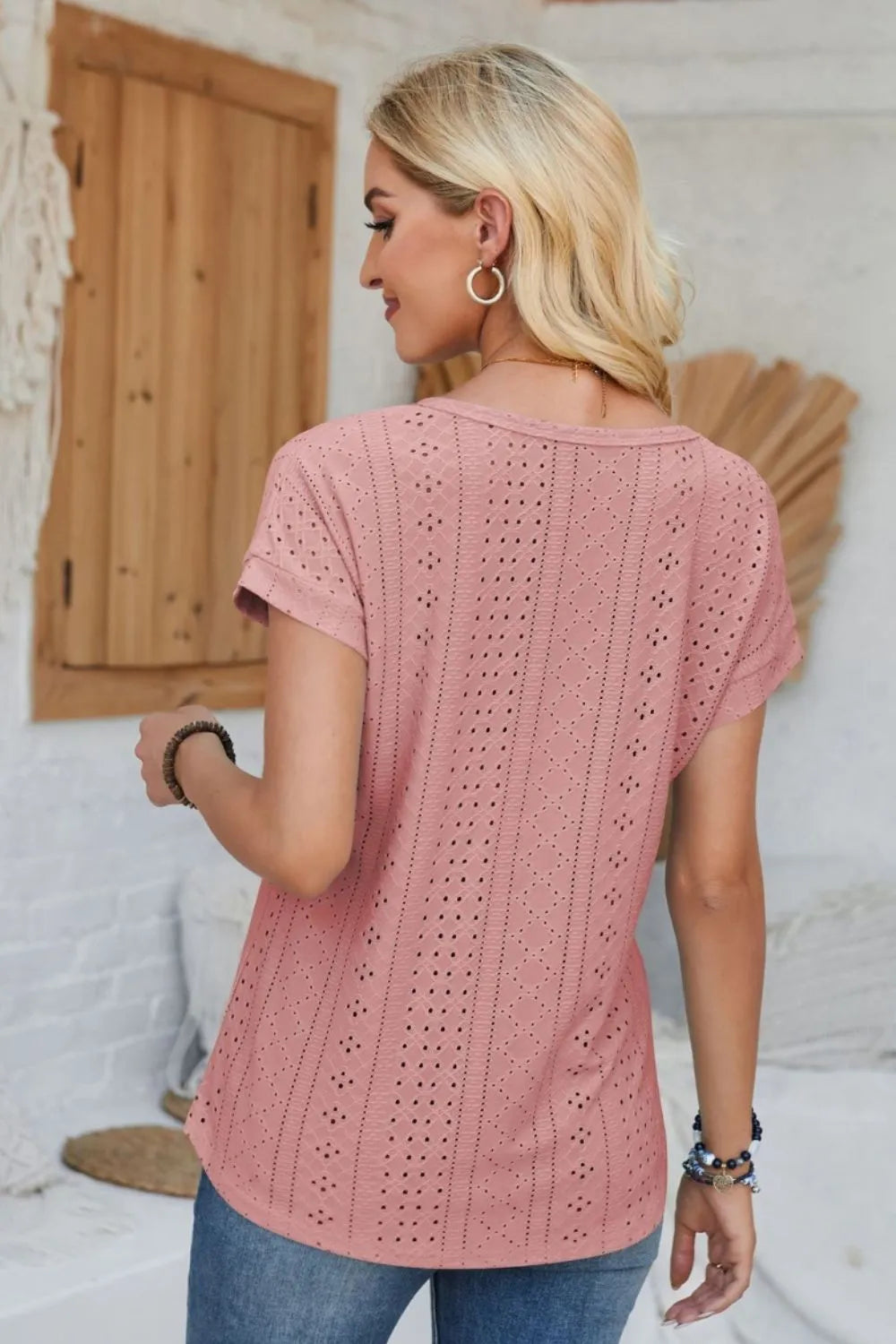 Dusty pink eyelet short-sleeve T-shirt with round neck, back view
