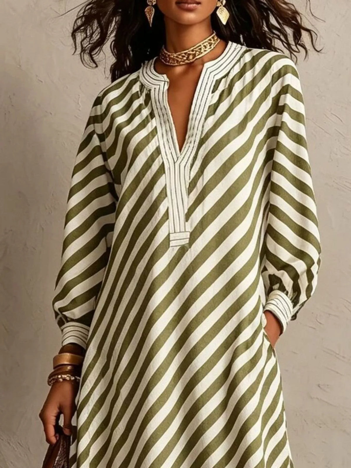 Sage-and-white striped maxi dress, V-neck placket and long sleeves
