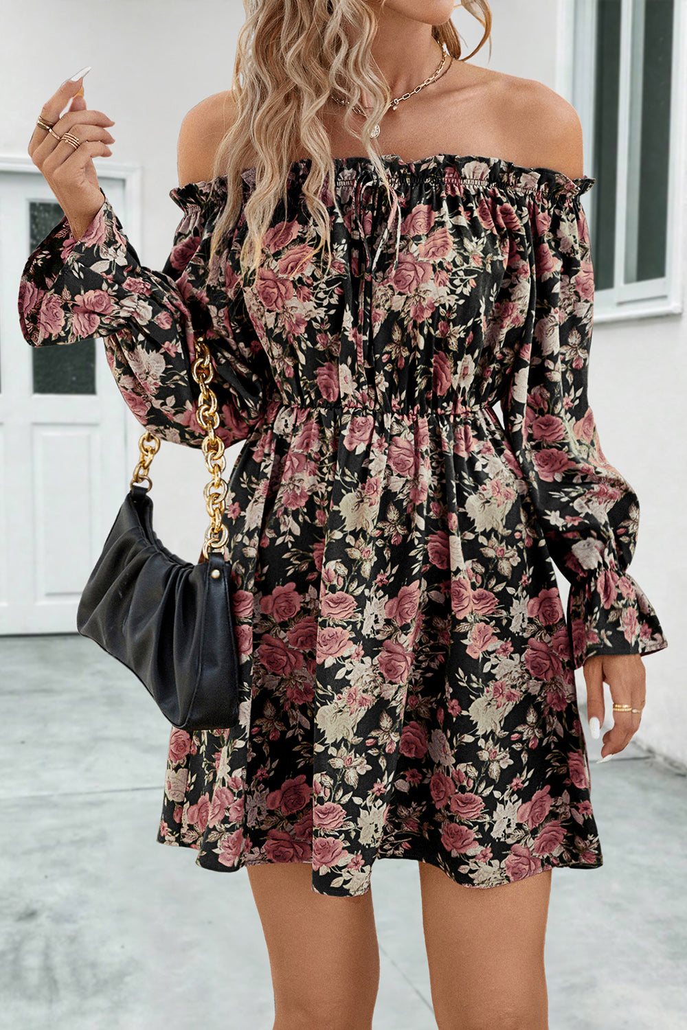 Black floral off-shoulder dress, ruched neckline, gathered waist, long flounce sleeves