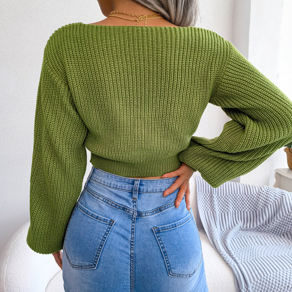 Olive green rib-knit tie-front cropped sweater, long sleeves, shown from back