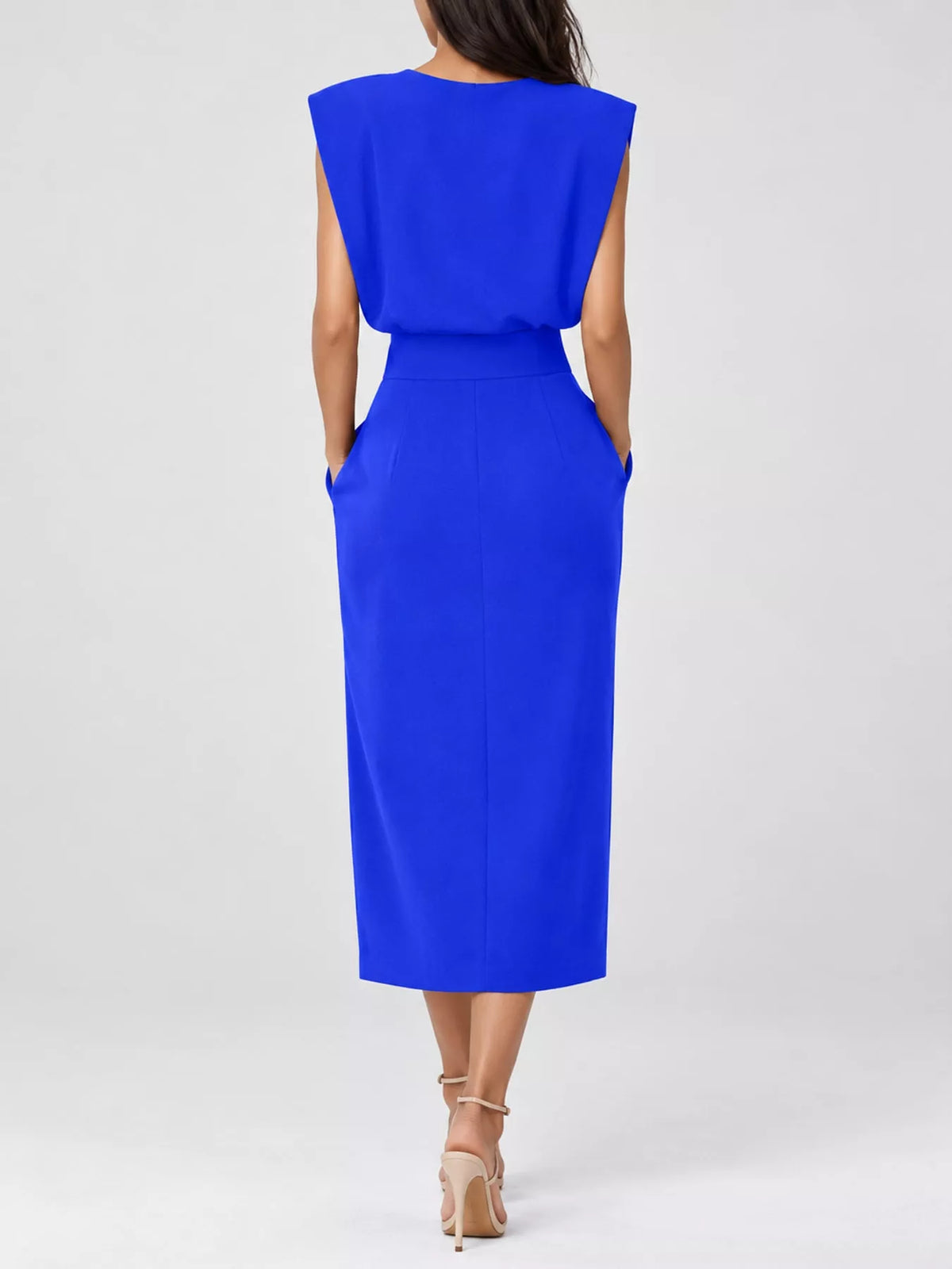 Blue sleeveless midi dress back view with fitted waist seam