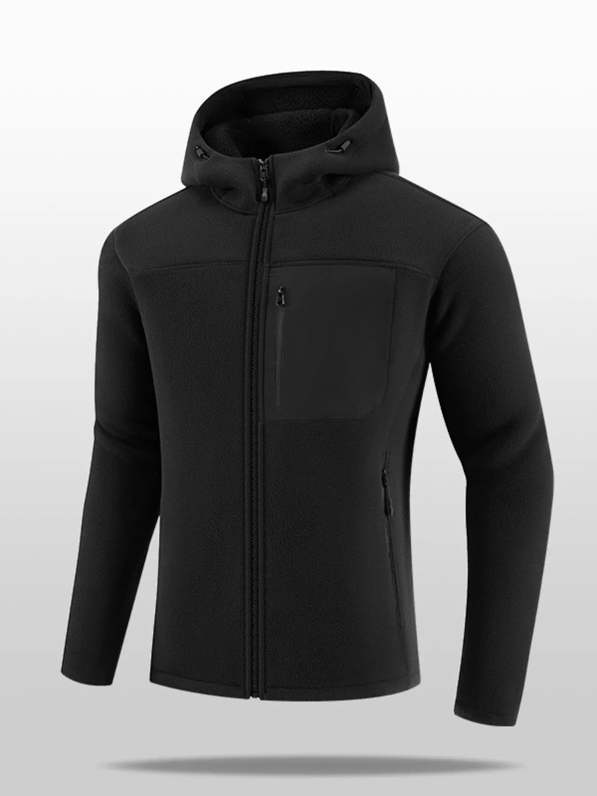 Men's black hooded fleece full-zip jacket with front zip and side pockets