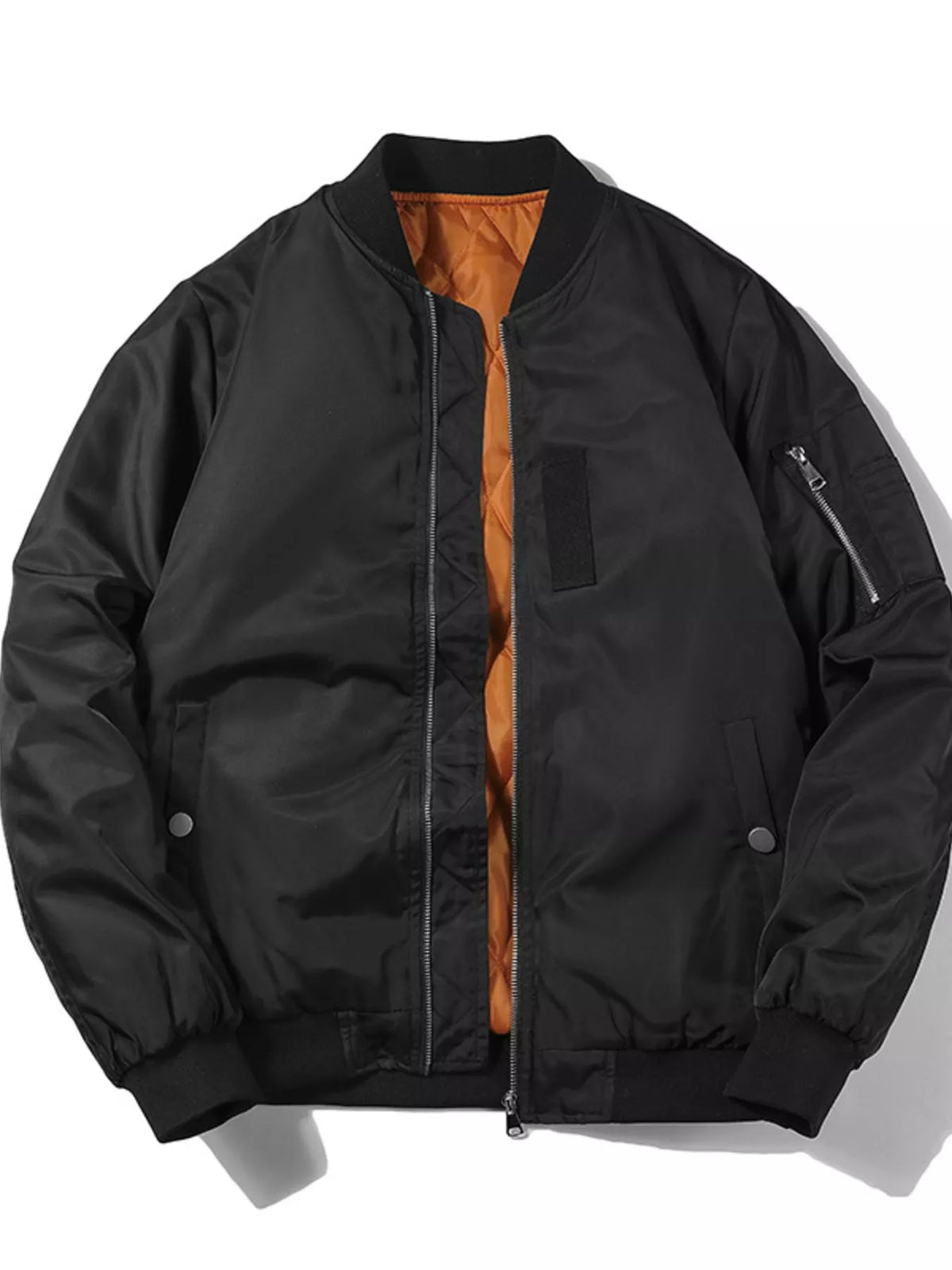 Lightweight black bomber jacket with orange inner lining, zip front and ribbed cuffs
