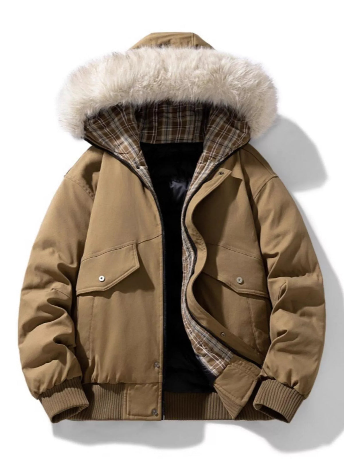 Men's camel warm padded winter coat with faux fur hood trim and plaid-lined inner hood