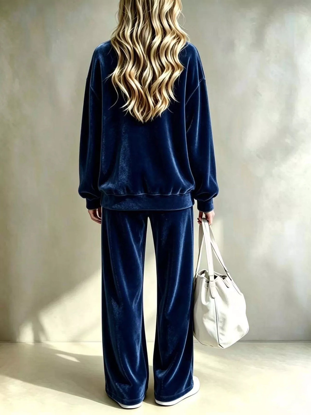 Navy velvet two-piece set with crewneck dropped-shoulder sweatshirt and wide-leg pants