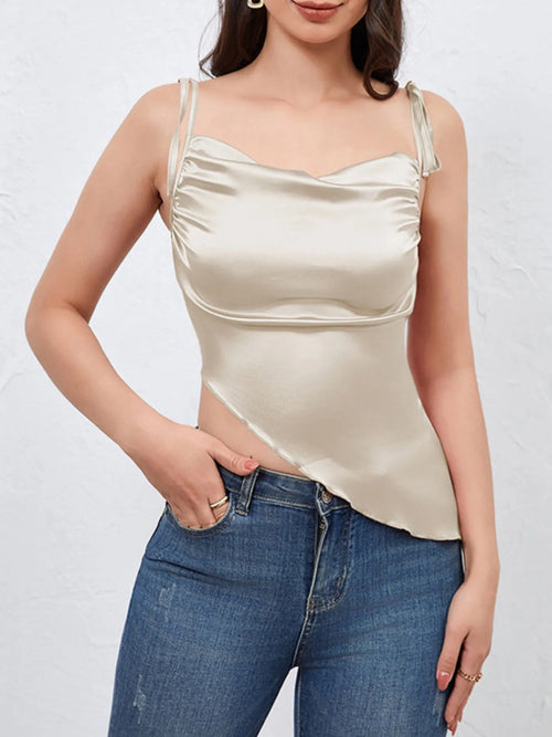 Beige satin tie-shoulder cami with ruched top and angled asymmetrical hem