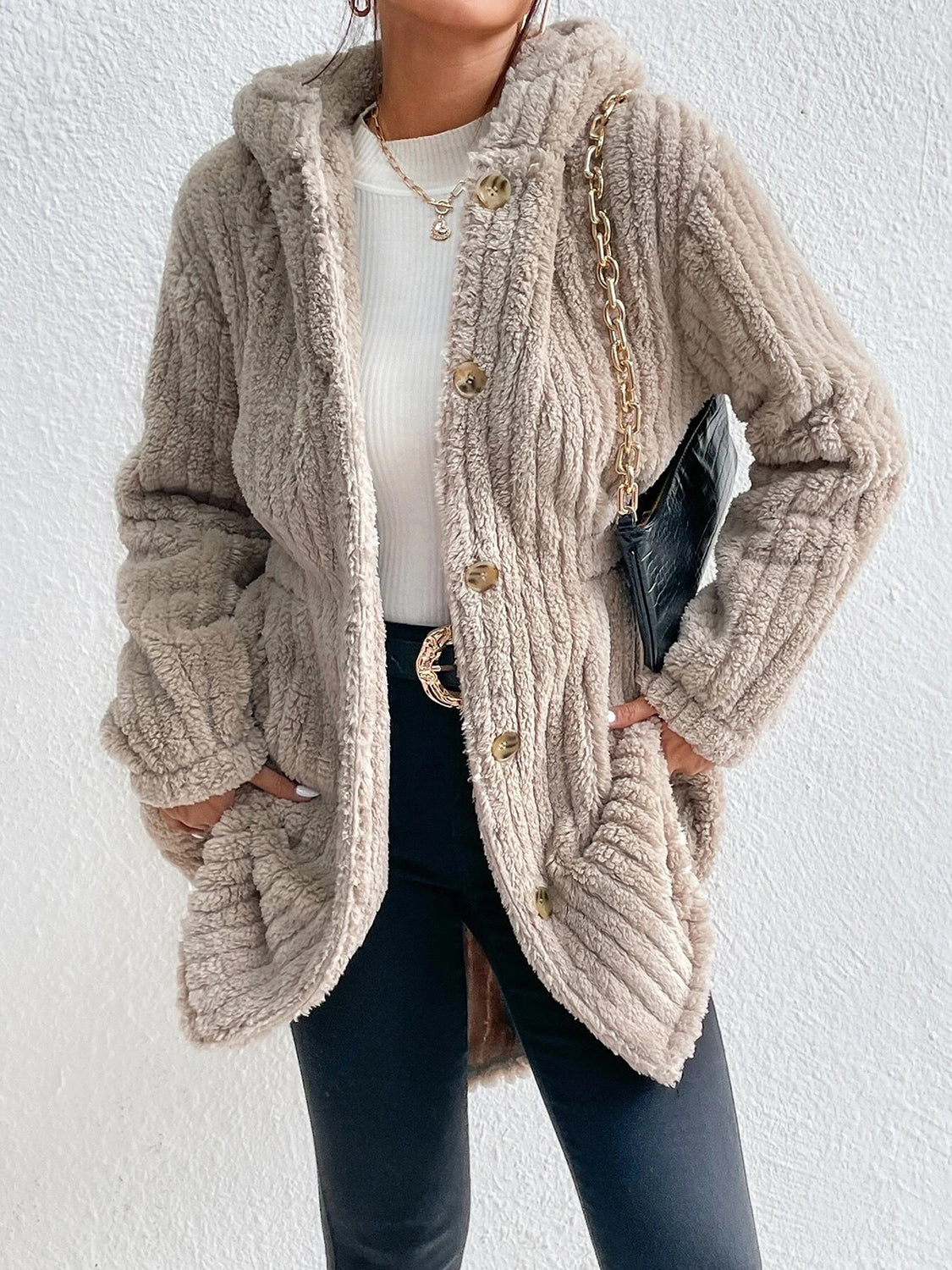 Cream textured-knit hooded coat, long sleeves, gold buttons, button-front opening