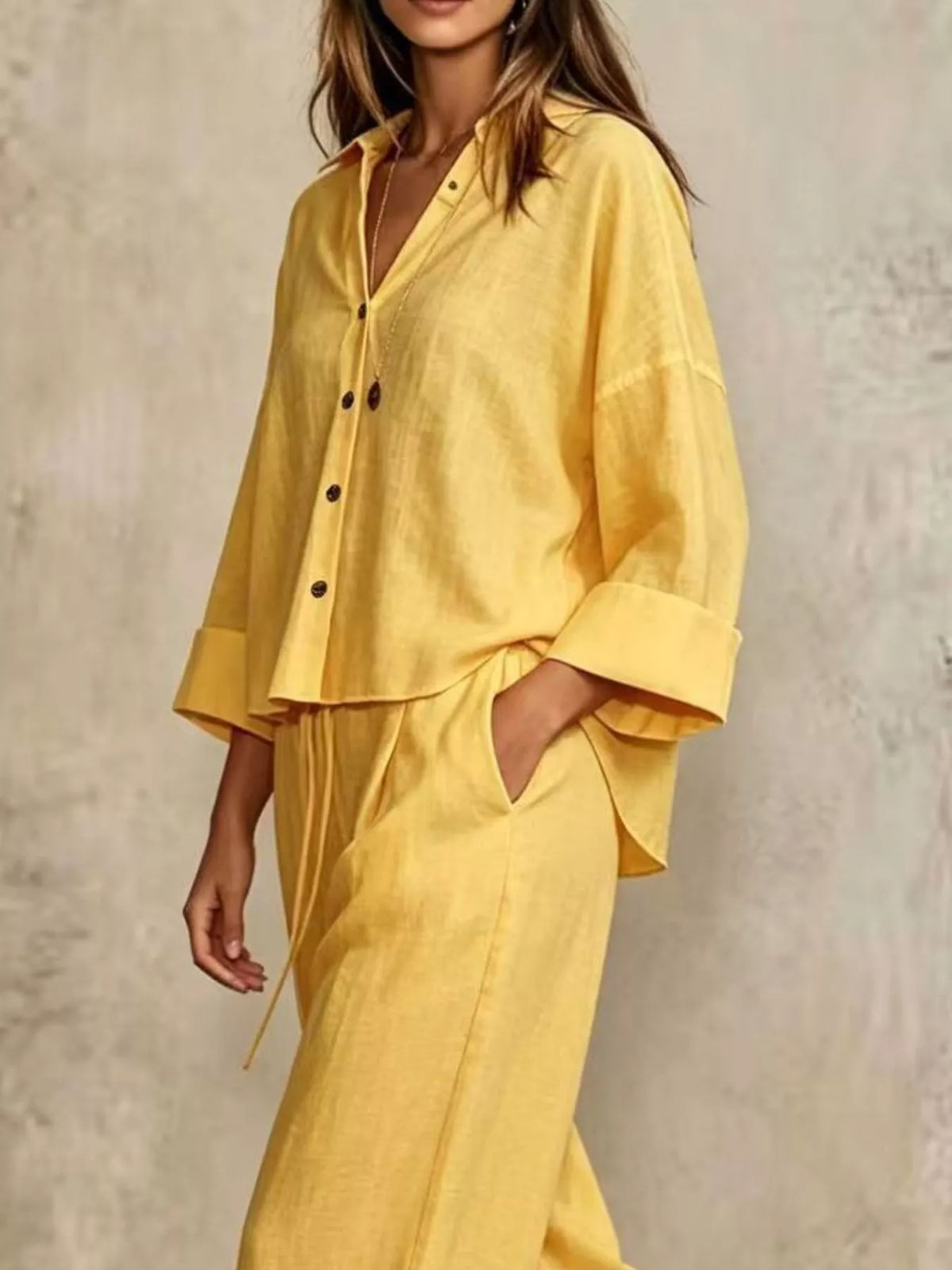 Yellow button-down shirt and wide-leg pants set, button placket, 3/4 sleeves, tie waist.