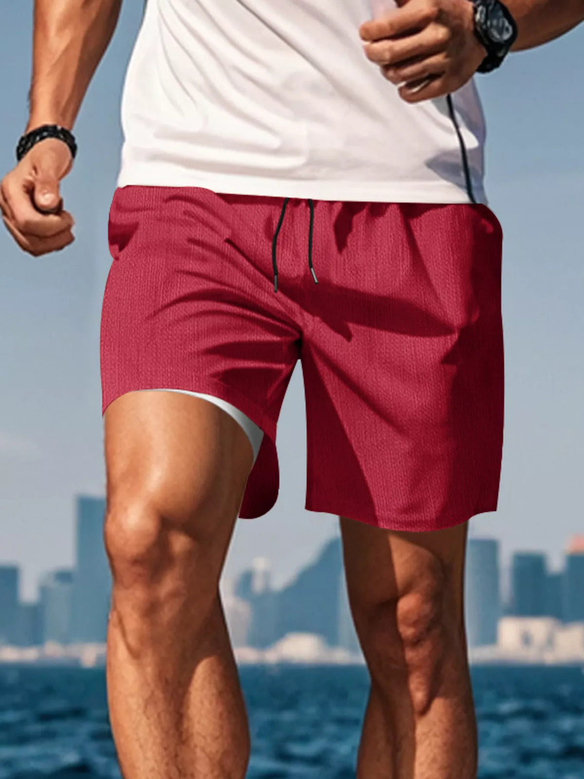 Men's red casual shorts with drawstring waist and side pockets
